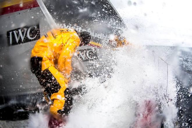 Onboard Abu Dhabi Ocean Racing - Louis Sinclair prepares to take on a wave that has already engulfed Justin Slattery on the bow during a sail change in the southern ocean - Leg five to Itajai -  Volvo Ocean Race 2015 © Matt Knighton/Abu Dhabi Ocean Racing